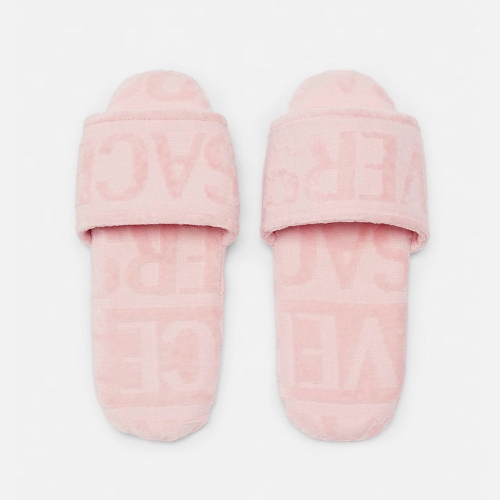 NWT Versace pink terry open toe Allover Slippers size medium